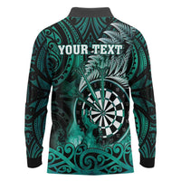 Personalised New Zealand Darts Long Sleeve Polo Shirt Maori Koru Dartboard Turquoise Flame
