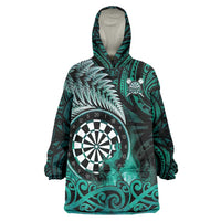 Personalised New Zealand Darts Wearable Blanket Hoodie Maori Koru Dartboard Turquoise Flame