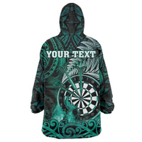 Personalised New Zealand Darts Wearable Blanket Hoodie Maori Koru Dartboard Turquoise Flame