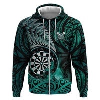 Personalised New Zealand Darts Zip Hoodie Maori Koru Dartboard Turquoise Flame