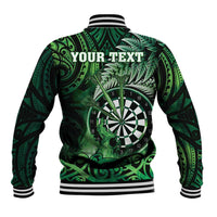 Personalised New Zealand Darts Baseball Jacket Maori Koru Dartboard Green Flame