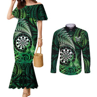 Personalised New Zealand Darts Couples Matching Mermaid Dress and Long Sleeve Button Shirt Maori Koru Dartboard Green Flame