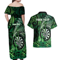 Personalised New Zealand Darts Couples Matching Off Shoulder Maxi Dress and Hawaiian Shirt Maori Koru Dartboard Green Flame