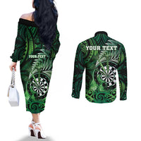 Personalised New Zealand Darts Couples Matching Off The Shoulder Long Sleeve Dress and Long Sleeve Button Shirt Maori Koru Dartboard Green Flame