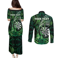 Personalised New Zealand Darts Couples Matching Puletasi and Long Sleeve Button Shirt Maori Koru Dartboard Green Flame