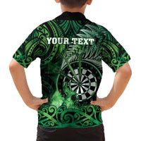 Personalised New Zealand Darts Family Matching Off The Shoulder Long Sleeve Dress and Hawaiian Shirt Maori Koru Dartboard Green Flame
