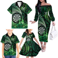 Personalised New Zealand Darts Family Matching Off The Shoulder Long Sleeve Dress and Hawaiian Shirt Maori Koru Dartboard Green Flame