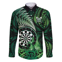 Personalised New Zealand Darts Family Matching Off Shoulder Short Dress and Hawaiian Shirt Maori Koru Dartboard Green Flame