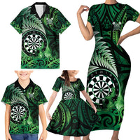 Personalised New Zealand Darts Family Matching Short Sleeve Bodycon Dress and Hawaiian Shirt Maori Koru Dartboard Green Flame