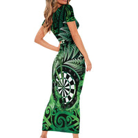 Personalised New Zealand Darts Family Matching Short Sleeve Bodycon Dress and Hawaiian Shirt Maori Koru Dartboard Green Flame