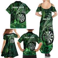Personalised New Zealand Darts Family Matching Summer Maxi Dress and Hawaiian Shirt Maori Koru Dartboard Green Flame