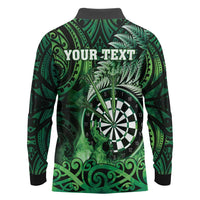 Personalised New Zealand Darts Long Sleeve Polo Shirt Maori Koru Dartboard Green Flame