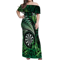 Personalised New Zealand Darts Off Shoulder Maxi Dress Maori Koru Dartboard Green Flame