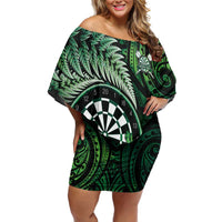 Personalised New Zealand Darts Off Shoulder Short Dress Maori Koru Dartboard Green Flame