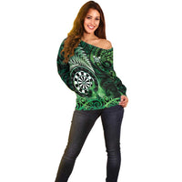 Personalised New Zealand Darts Off Shoulder Sweater Maori Koru Dartboard Green Flame