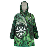 Personalised New Zealand Darts Wearable Blanket Hoodie Maori Koru Dartboard Green Flame