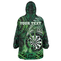 Personalised New Zealand Darts Wearable Blanket Hoodie Maori Koru Dartboard Green Flame