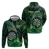 Personalised New Zealand Darts Zip Hoodie Maori Koru Dartboard Green Flame
