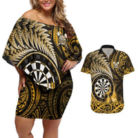 Personalised New Zealand Darts Couples Matching Off Shoulder Short Dress and Hawaiian Shirt Maori Koru Dartboard Gold Flame