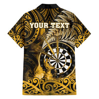 Personalised New Zealand Darts Family Matching Long Sleeve Bodycon Dress and Hawaiian Shirt Maori Koru Dartboard Gold Flame