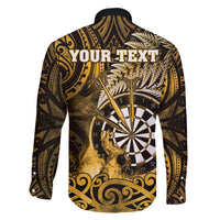 Personalised New Zealand Darts Family Matching Long Sleeve Bodycon Dress and Hawaiian Shirt Maori Koru Dartboard Gold Flame