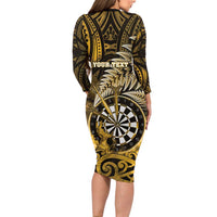 Personalised New Zealand Darts Family Matching Long Sleeve Bodycon Dress and Hawaiian Shirt Maori Koru Dartboard Gold Flame