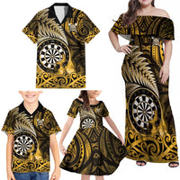 Personalised New Zealand Darts Family Matching Off Shoulder Maxi Dress and Hawaiian Shirt Maori Koru Dartboard Gold Flame