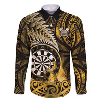 Personalised New Zealand Darts Family Matching Off Shoulder Short Dress and Hawaiian Shirt Maori Koru Dartboard Gold Flame