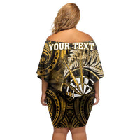 Personalised New Zealand Darts Family Matching Off Shoulder Short Dress and Hawaiian Shirt Maori Koru Dartboard Gold Flame