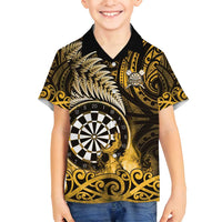 Personalised New Zealand Darts Family Matching Off Shoulder Short Dress and Hawaiian Shirt Maori Koru Dartboard Gold Flame