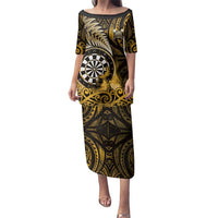 Personalised New Zealand Darts Family Matching Puletasi and Hawaiian Shirt Maori Koru Dartboard Gold Flame