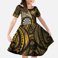 Personalised New Zealand Darts Family Matching Short Sleeve Bodycon Dress and Hawaiian Shirt Maori Koru Dartboard Gold Flame