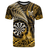 Personalised New Zealand Darts T Shirt Maori Koru Dartboard Gold Flame