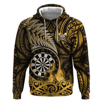 Personalised New Zealand Darts Zip Hoodie Maori Koru Dartboard Gold Flame