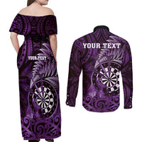 Personalised New Zealand Darts Couples Matching Off Shoulder Maxi Dress and Long Sleeve Button Shirt Maori Koru Dartboard Purple Flame