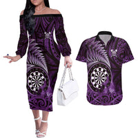 Personalised New Zealand Darts Couples Matching Off The Shoulder Long Sleeve Dress and Hawaiian Shirt Maori Koru Dartboard Purple Flame