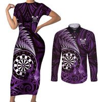 Personalised New Zealand Darts Couples Matching Short Sleeve Bodycon Dress and Long Sleeve Button Shirt Maori Koru Dartboard Purple Flame