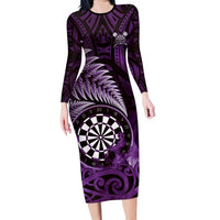 Personalised New Zealand Darts Family Matching Long Sleeve Bodycon Dress and Hawaiian Shirt Maori Koru Dartboard Purple Flame