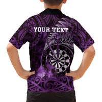 Personalised New Zealand Darts Family Matching Off The Shoulder Long Sleeve Dress and Hawaiian Shirt Maori Koru Dartboard Purple Flame