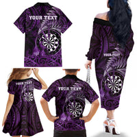 Personalised New Zealand Darts Family Matching Off The Shoulder Long Sleeve Dress and Hawaiian Shirt Maori Koru Dartboard Purple Flame