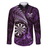 Personalised New Zealand Darts Family Matching Off The Shoulder Long Sleeve Dress and Hawaiian Shirt Maori Koru Dartboard Purple Flame