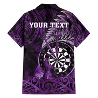 Personalised New Zealand Darts Family Matching Off Shoulder Short Dress and Hawaiian Shirt Maori Koru Dartboard Purple Flame