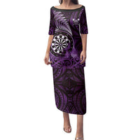 Personalised New Zealand Darts Family Matching Puletasi and Hawaiian Shirt Maori Koru Dartboard Purple Flame