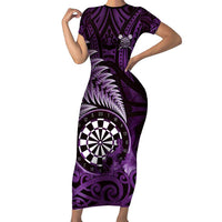 Personalised New Zealand Darts Family Matching Short Sleeve Bodycon Dress and Hawaiian Shirt Maori Koru Dartboard Purple Flame