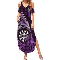 Personalised New Zealand Darts Family Matching Summer Maxi Dress and Hawaiian Shirt Maori Koru Dartboard Purple Flame