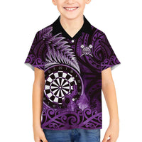 Personalised New Zealand Darts Family Matching Summer Maxi Dress and Hawaiian Shirt Maori Koru Dartboard Purple Flame