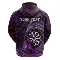 Personalised New Zealand Darts Hoodie Maori Koru Dartboard Purple Flame