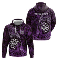 Personalised New Zealand Darts Hoodie Maori Koru Dartboard Purple Flame