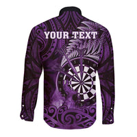 Personalised New Zealand Darts Long Sleeve Button Shirt Maori Koru Dartboard Purple Flame