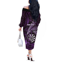 Personalised New Zealand Darts Off The Shoulder Long Sleeve Dress Maori Koru Dartboard Purple Flame